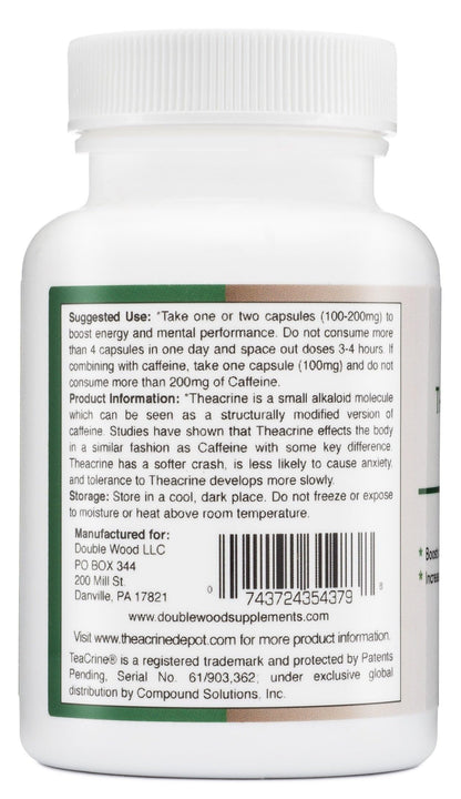 Theacrine (Teacrine) 100 Mg, 60 Capsules - Energy and Focus Supplement (Similar to Caffeine Pills but More Subtle and Longer Lasting) Non-GMO and Gluten Free by Double Wood