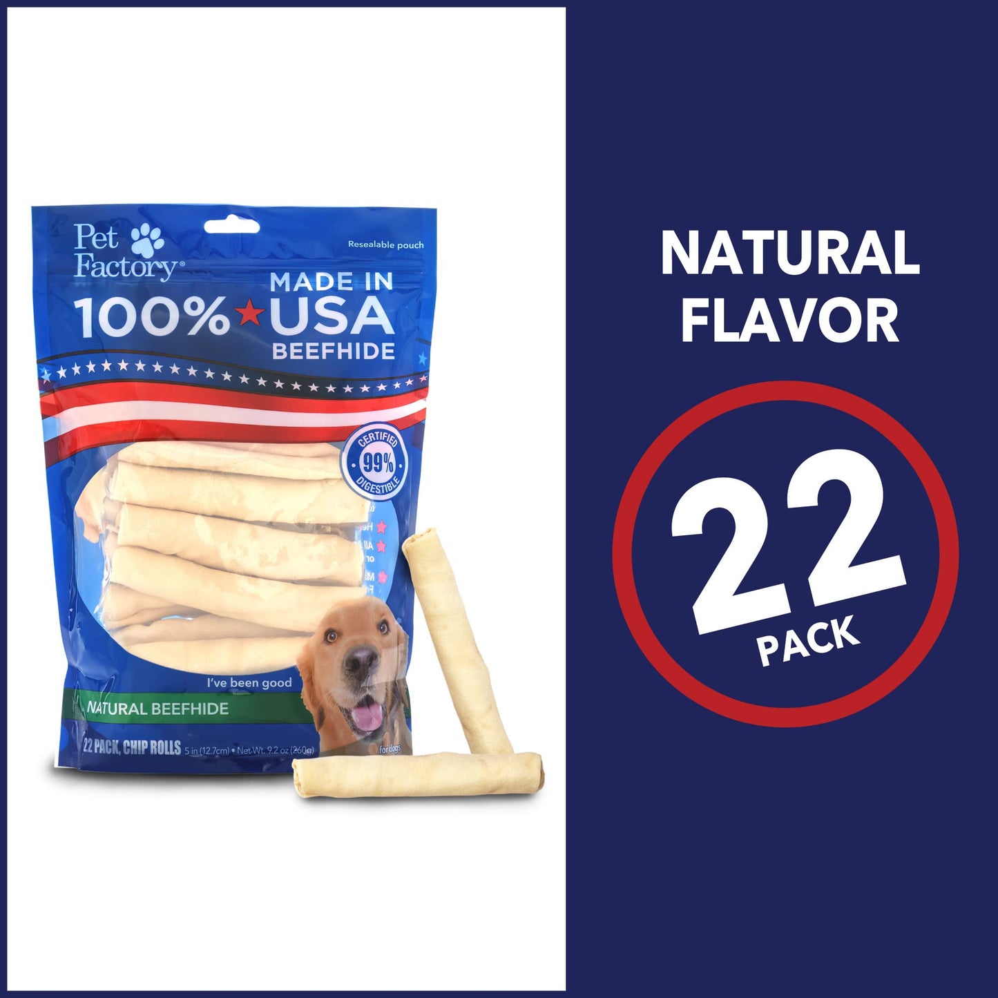 Pet Factory 100% Made in USA Beefhide 5" Chip Rolls Dog Chew Treats - Natural Flavor, 22 Count/1 Pack