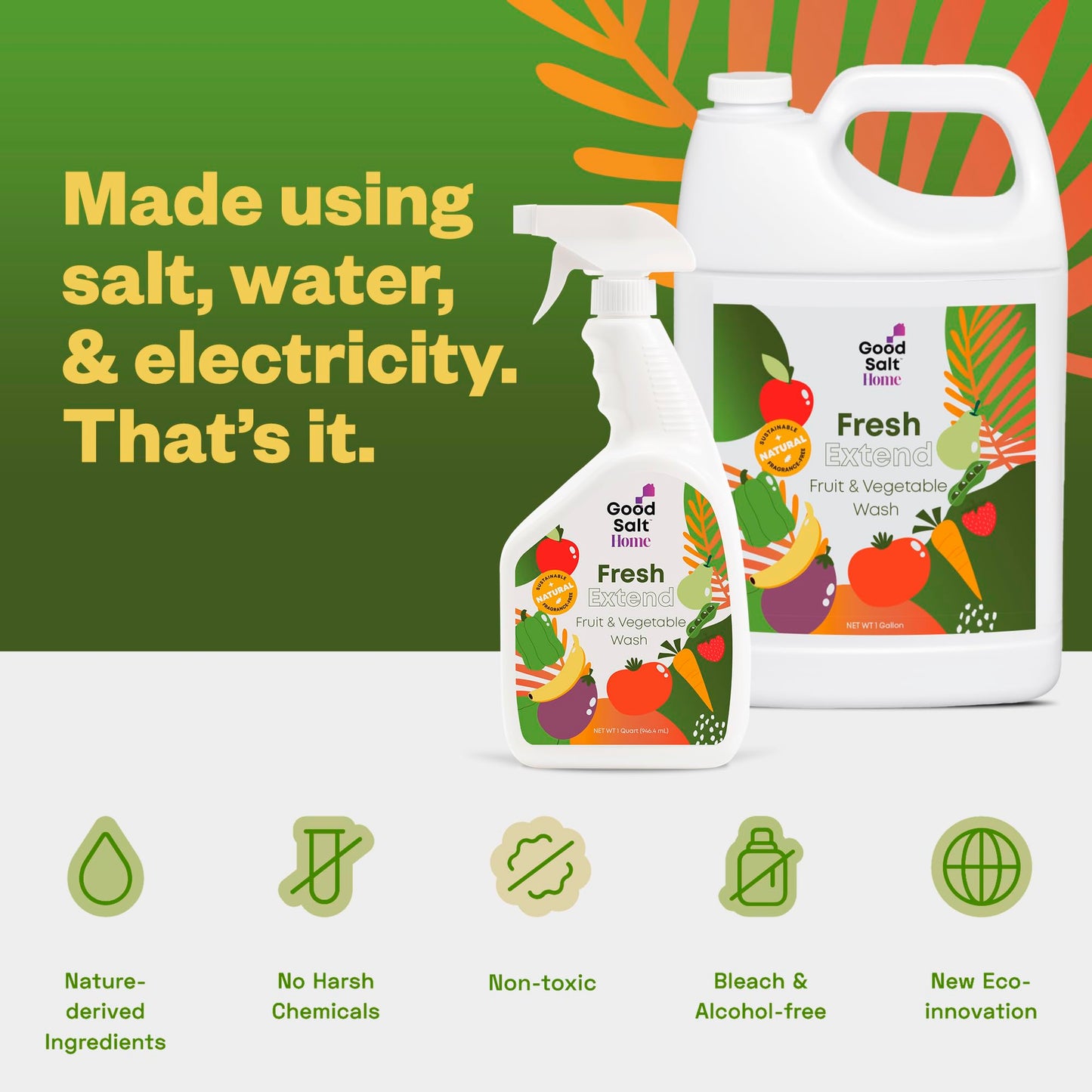 Good Salt Home Fresh Extend Fruit and Vegetable Wash, Natural Produce Cleaner, Made in the USA, 32 Ounce Bottle, 2-Pack