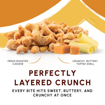 Snackathon Butter Toffee Cashews, 7 oz Resealable Bag, Made in USA, All-Natural Fresh Roasted Nuts Coated in a Crunchy Buttery Toffee Shell, Gourmet Sweet & Salty Snac