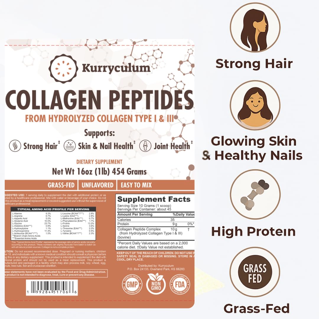 Collagen Peptides Powder - Naturally-Sourced Hydrolyzed Collagen Powder - Hair, Skin, Nail, and Joint Support - Type I & III Grass-Fed Collagen Supplements for Women and Men - 41 Servings - 16oz