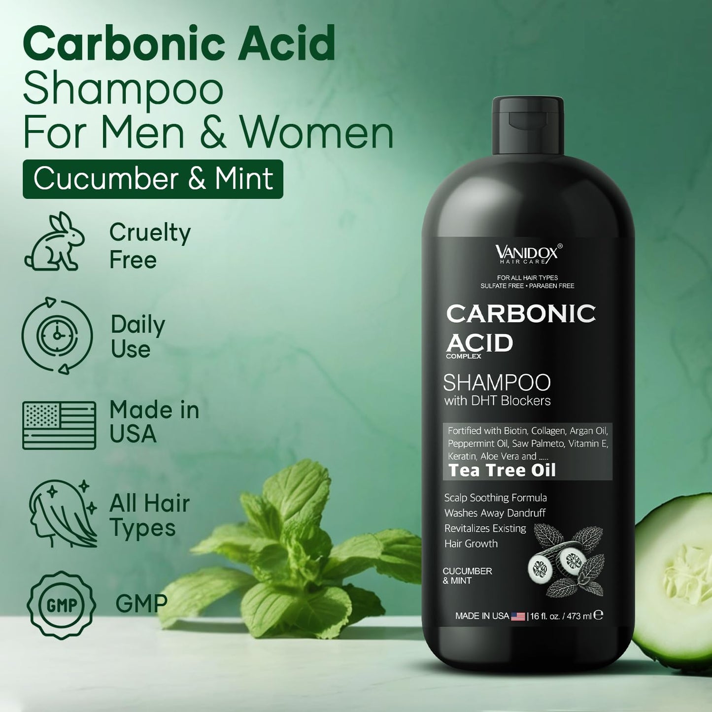VANIDOX Carbonic Acid Shampoo for Men and Women with DHT Blockers - Made in USA - Stimulates Hair Growth, Scalp Exfoliator, Sulfate Free Shampoo with Biotin and Tea Tree Oil (16 Fl Oz)