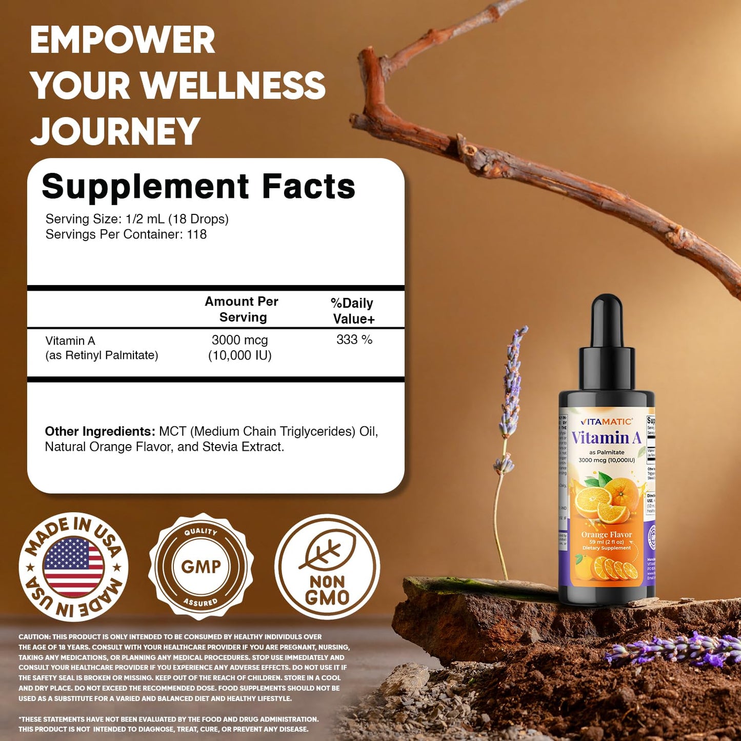 Vitamatic Sugar Free Vitamin A Liquid Drops 10000 IU (3000 mcg) as Retinyl Palmitate - Approximate 4 Months Supply - Immune Support, Eye Health, Skin Health - 2 FL OZ (59 ml)