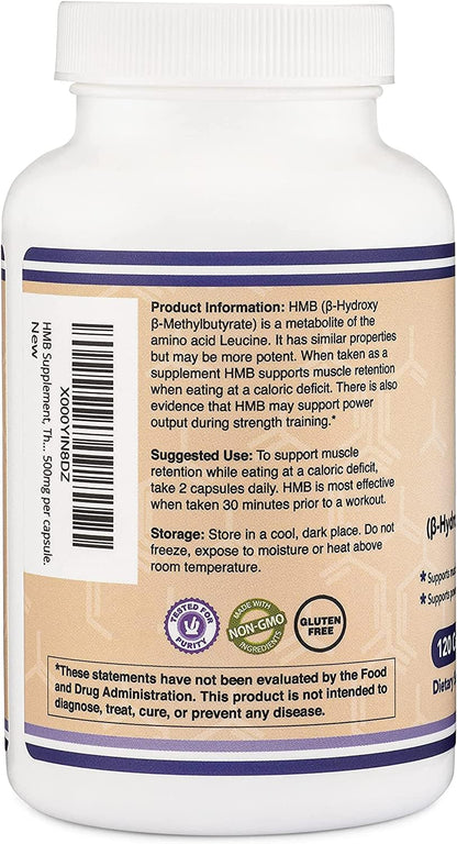 Double Wood Supplements HMB Supplement, Third Party Tested, Non-GMO, Gluten Free, 120 Capsules, 1000mg per Serving, 500mg per Capsule