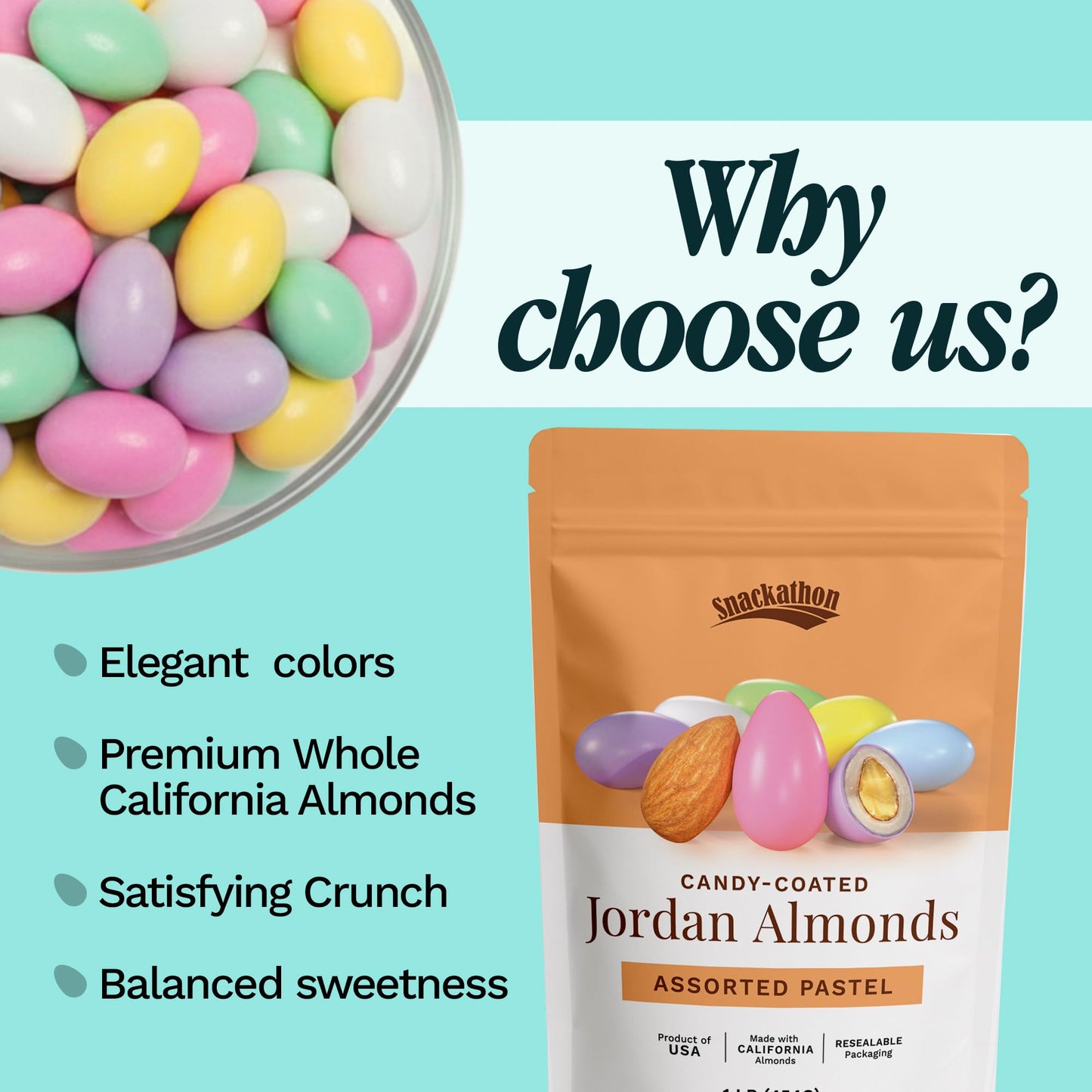 Snackathon Jordan Almonds, Assorted Pastel Candy-Coated Almonds, 1 LB Resealable Bag, Made in USA, Bulk Italian Confetti Wedding Favors, Baby & Bridal Showers, Party Buffets, Events & Holidays