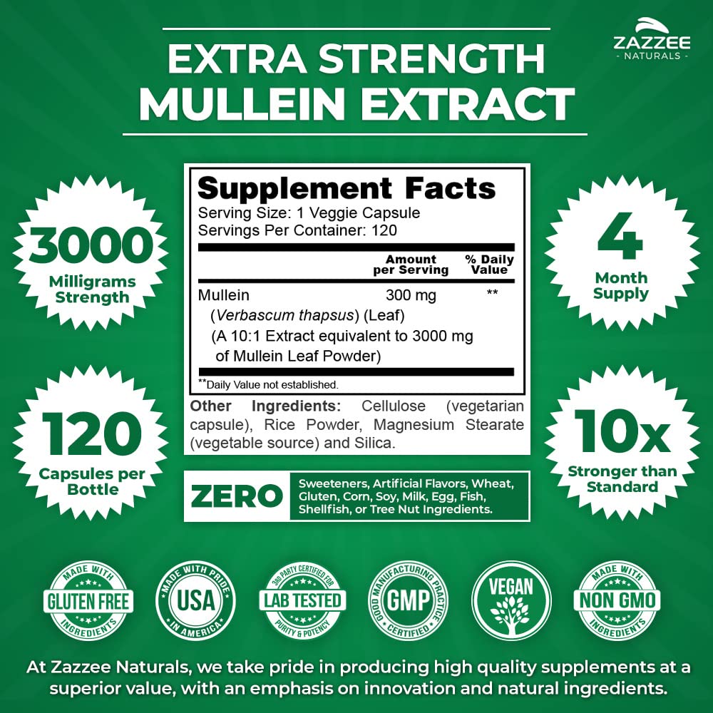 Zazzee Extra Strength Mullein 10:1 Extract, 3000 mg Strength, 120 Vegan Capsules, 4 Month Supply, Standardized 10X Extract, 100% Pure Leaf Powder, All-Natural and Non-GMO, Made in The USA