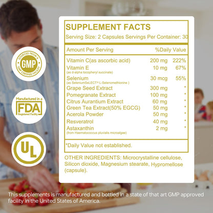 HUJ Cell Antiox+ Supplement - Superior Antioxidants & Cellular Support - Contains Grape Seed Extract, Pomegranate Extract, Resveratrol, and Vitamins C and E - 60 Capsules