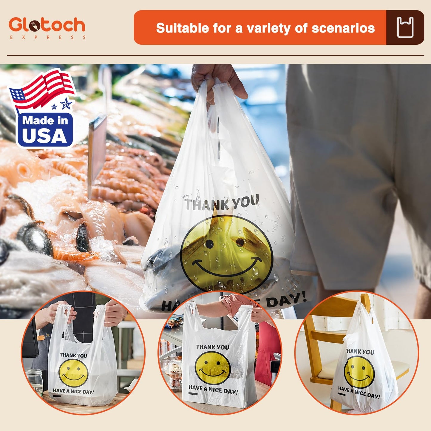 Glotoch 1000 Count - Plastic Thank You T-shirt Bags Smile Face White, 11.5 x 6.5"x 21" Grocery Bags with Handles for Restaurant, Retail, Grocery Store, Takeout, Convenience Stores, Shopping Bag in Bulk