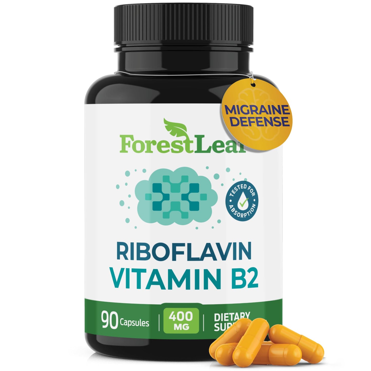ForestLeaf Vitamin B2 Riboflavin 400mg - Energy, Skin & Cellular Health Supplement - Nervous System Support - Vitamin B 2 VIT B - Non-GMO & Gluten Free - B2 Vitamin 400mg Vegetable Capsules, 90 Count