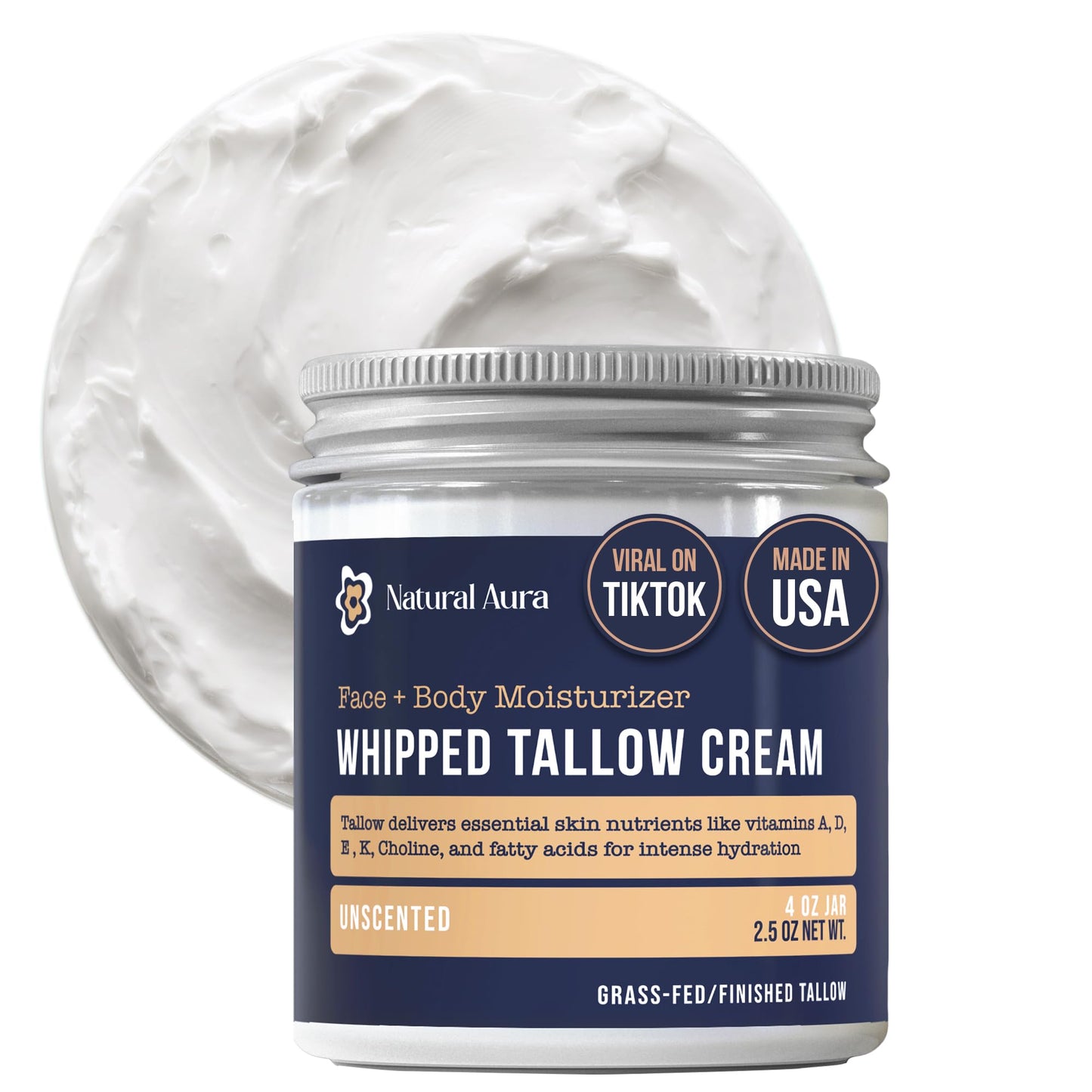 Whipped Beef Tallow for Skin - Face + Body Moisturizer, 100% Grass Fed Grass Finished Tallow and Honey Balm for Sensitive Skin - Natural Lotion - Free of Harsh Chemicals - 4oz, (Unscented)