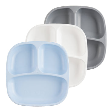 Re-Play Toddler Plates with Dividers - Deep-Walled 3 Compartments Divided Plates for Kids - Dishwasher & Microwave Safe - Made in USA - Set of 3-7.37" x 7.37" x 1.25" - Glacier