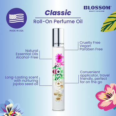 Blossom Roll on Perfume for Women Alcohol Free Rollerball Perfume Oil with Essential Oils, Infused with Real Flowers, Made in USA, 0.20oz (Lemon, Bergamot, Violet, White Musk), Cactus Flower