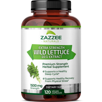 Zazzee Extra Strength Wild Lettuce 10:1 Extract, 1500 mg Strength, 120 Vegan Capsules, Potent Lactuca Virosa Variety, Concentrated 10X Extract, 100% Vegetarian, All-Natural, Non-GMO, Made in The USA