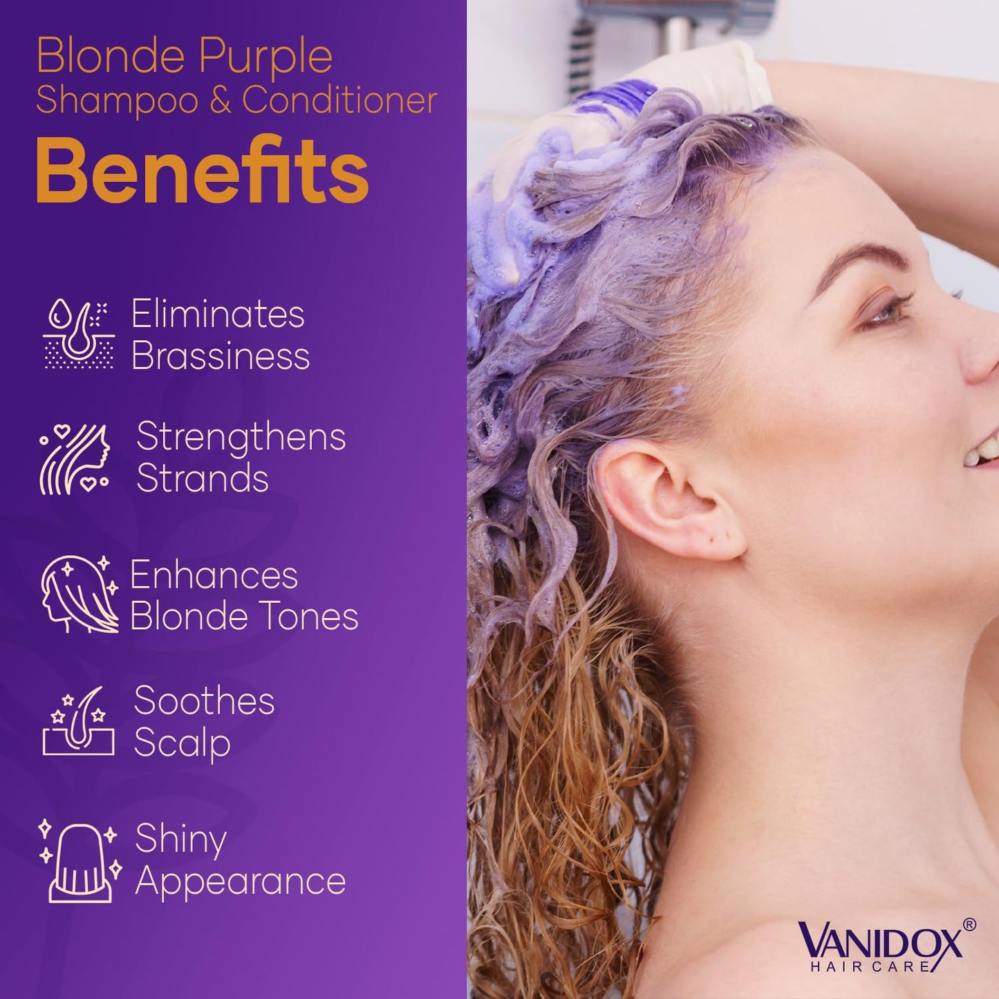 VANIDOX Sulfate Free Brass Toning Purple Shampoo and Conditioner Set for Blondes, Brown Highlighted, or Bleached Hair, Infused with Purple Rice Extract (16 fl oz each)