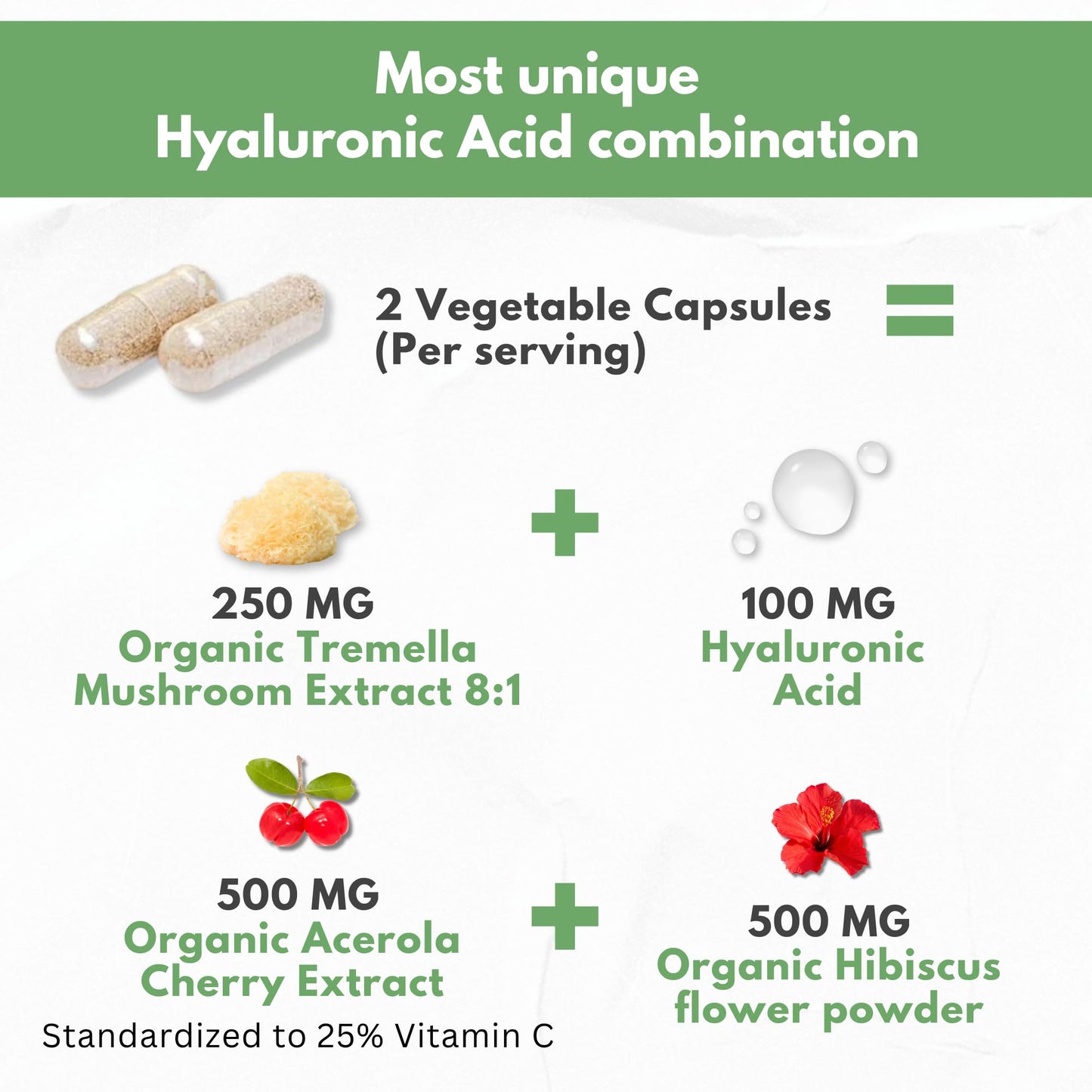 Natural Hyaluronic Acid Supplement 5X Stronger Hydration Pills from Pure Tremella Mushroom with Vitamin C & Hibiscus - Skin Supplement Anti Wrinkle Dietary Capsules - hair nails vitamins
