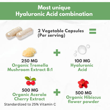 Natural Hyaluronic Acid Supplement 5X Stronger Hydration Pills from Pure Tremella Mushroom with Vitamin C & Hibiscus - Skin Supplement Anti Wrinkle Dietary Capsules - hair nails vitamins