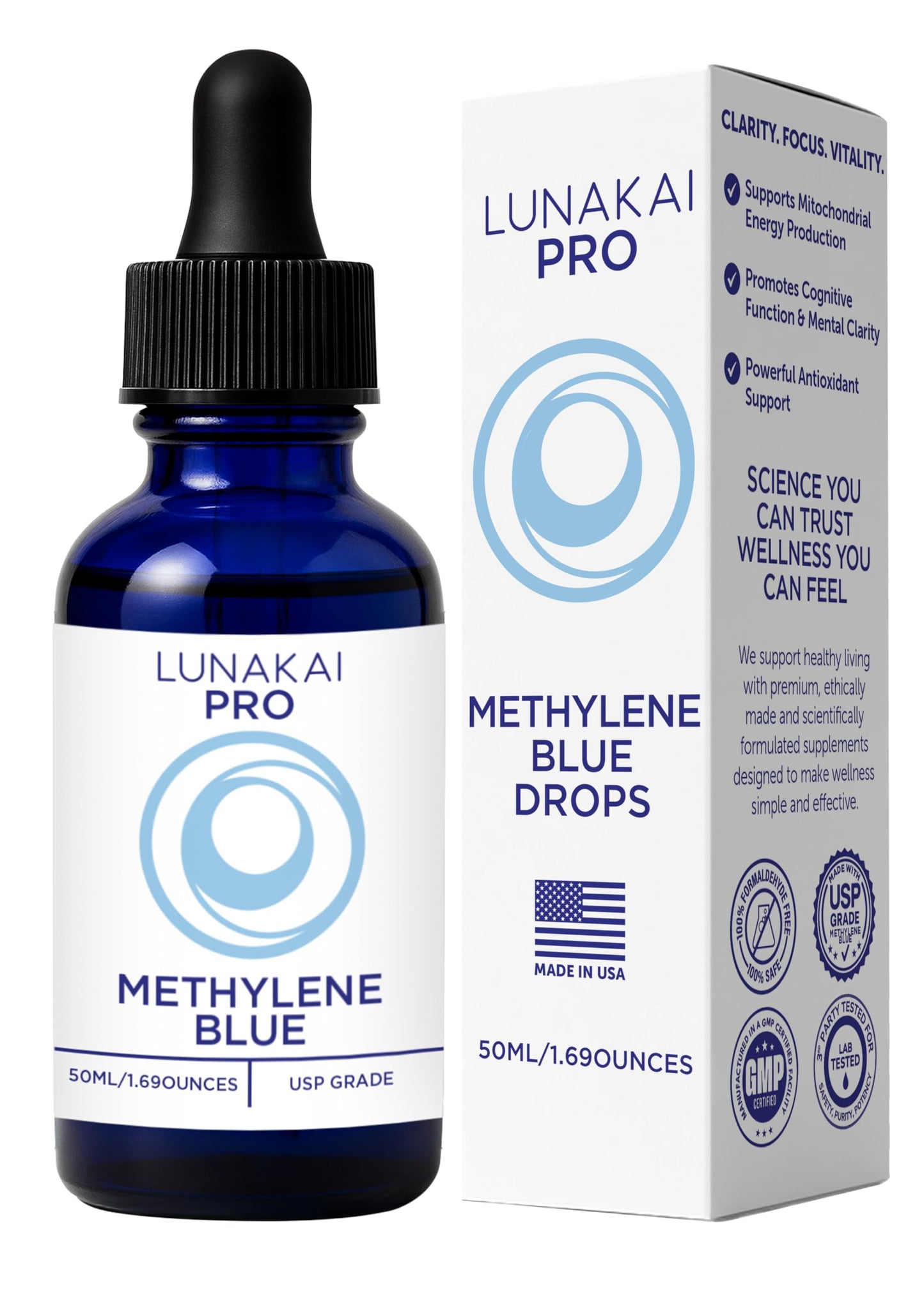 Lunakai PRO USA Made Methylene Blue Pharmaceutical Grade – 99.99% Pure USP Grade 1% Methylene Blue Drops for Humans – Cognitive & Focus Support Supplement
