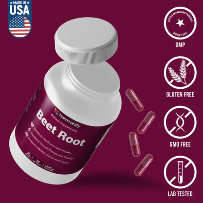 HARMONIFY Beet Root Capsules, Pure Beetroot Powder 1300 mg, Circulation Support Supplement, Vegan, Non-GMO, Gluten-Free – 90 Vegetable Capsules