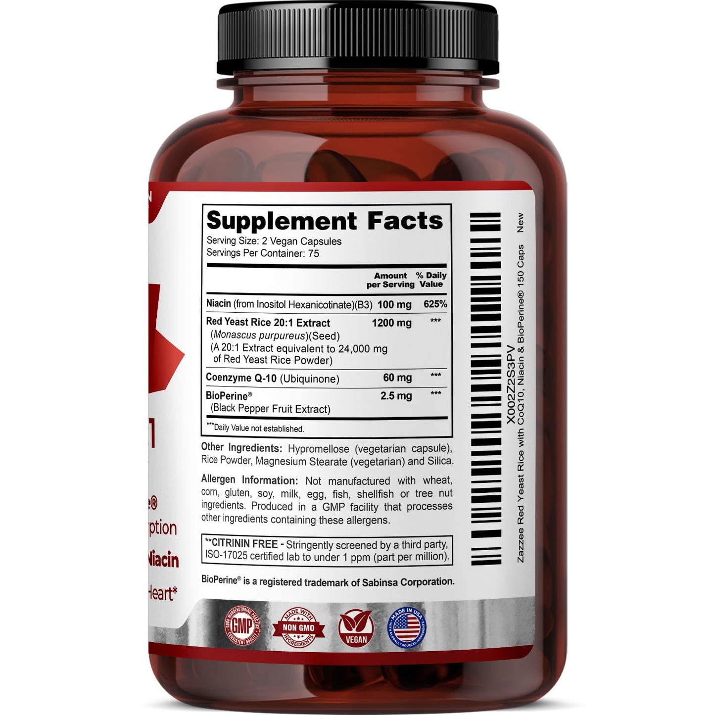 Extra Strength Red Yeast Rice with CoQ10 - 20X Concentrated 1200mg Red Yeast Rice Supplement with Niacin CoQ 10 and BioPerine for Enhanced Absorption - Non-GMO Vegan & ISO Lab Tested (75 Servings)