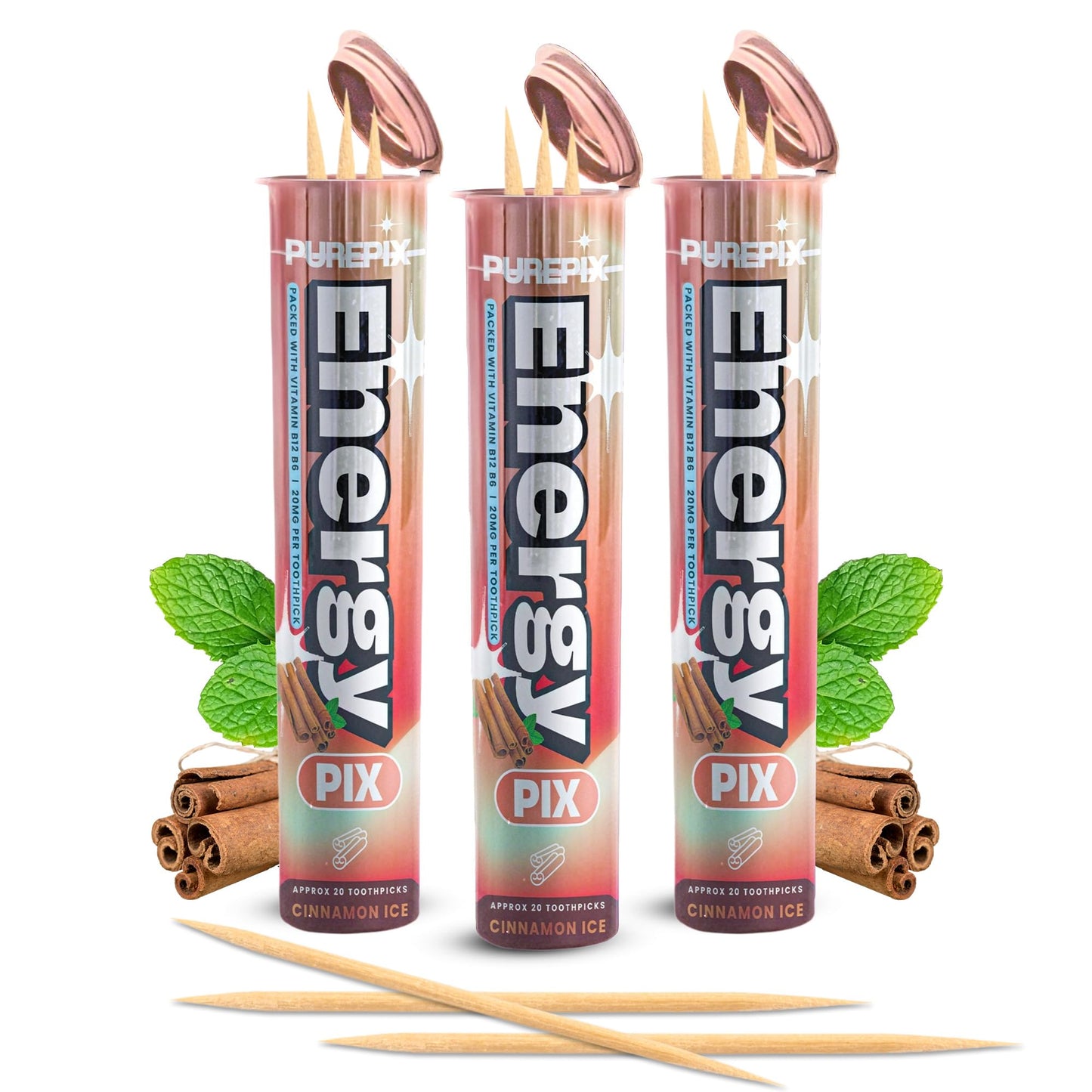 PurePix EnergyPix - Extra Thick Caffeine Flavored Toothpicks with L-Theanine, B12, for Focus & Energy - Sugar-Free Alternative to Energy Mints & Gum - 20 Count, (Cinnamon Ice 3 Pack)