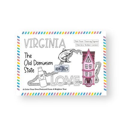 A Brighter Year Color Your Own Postcard - Virginia State - 5"x 7", Premium Quality, Sturdy Cardstock, Sized for Mailing, Illustrations - Stress & Anxiety Relief