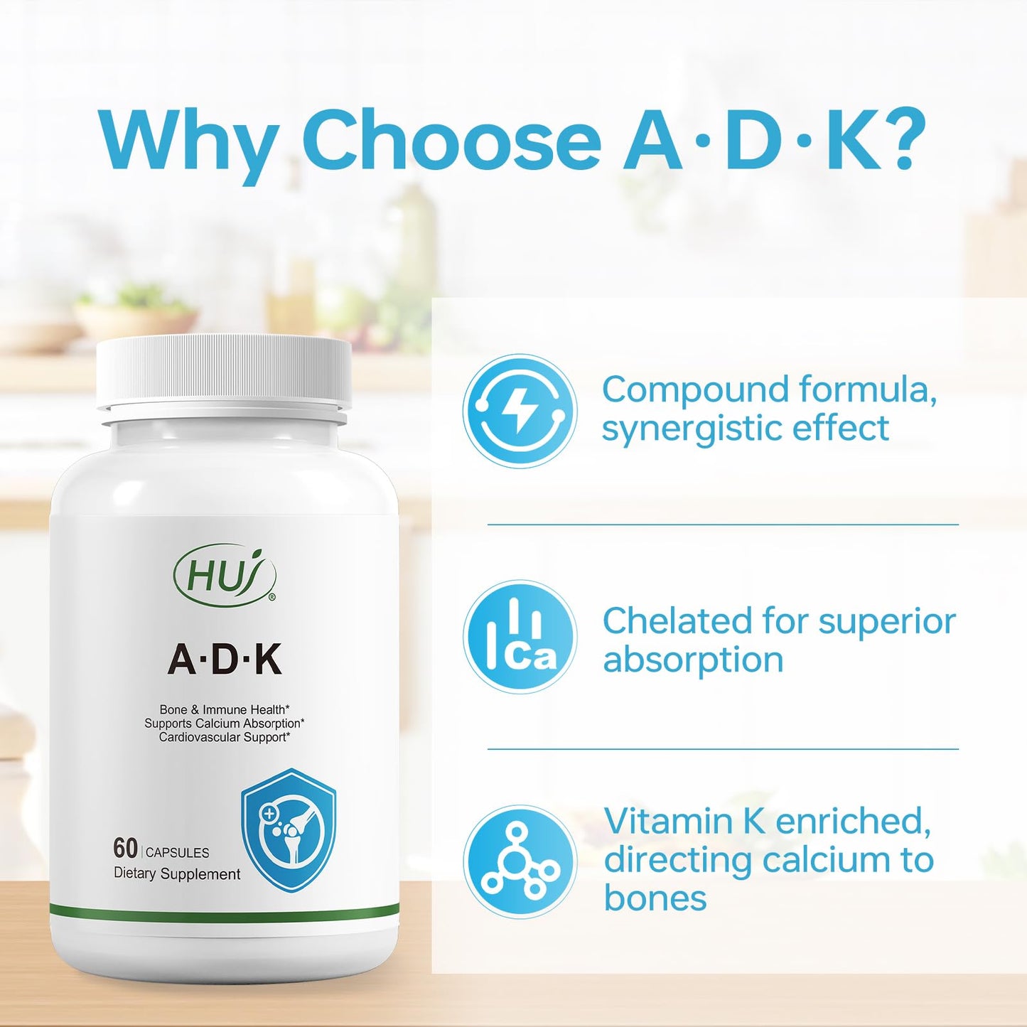 HUJ ADK Supplement, 60 Capsules, Calcium, Vitamins A, D3, K2 (MK-7)