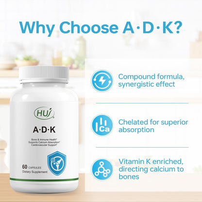 HUJ ADK Supplement, 60 Capsules, Calcium, Vitamins A, D3, K2 (MK-7)
