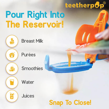 Teetherpop Fillable Freezable Teethers for Babies - Breastmilk Teether with Spill-Proof Sippy Slits – Teething Popsicle for Baby, Liquids & Purées, Cooling Teething Relief Feeder Pacifier - Blue Set