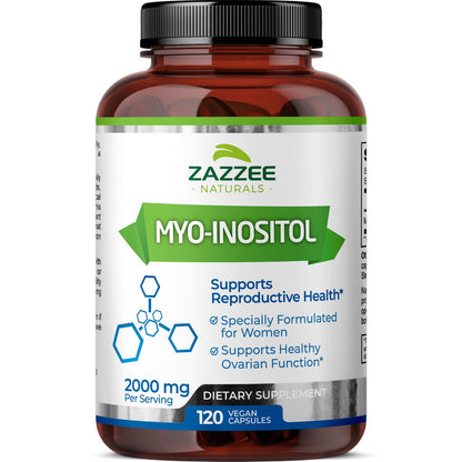 Zazzee Myo-Inositol Capsules, 2000 mg per Serving, 120 Vegan Capsules, Ideal Dosage for 40:1 Ratio, 100% Vegetarian, Hormone Balance & Healthy Ovarian Function Support, All-Natural and Non-GMO