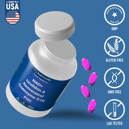 HARMONIFY Urolithin A NAD+ Resveratrol CoQ10 PQQ Blend Supplement, Liposomal NAD, Extra Strength 1500 mg, 60 Softgels