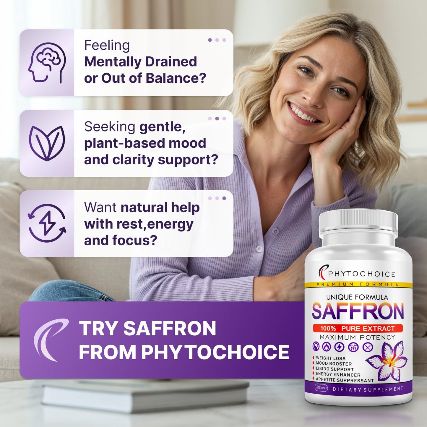 Saffron Supplements - 100% Pure Saffron Extract Capsules - Boost Energy & Mood, Support Eye & Heart Health, Focus, Vision - Pure Saffron Extract 88.5 mg - Made in USA for Women & Men - 60 Capsules