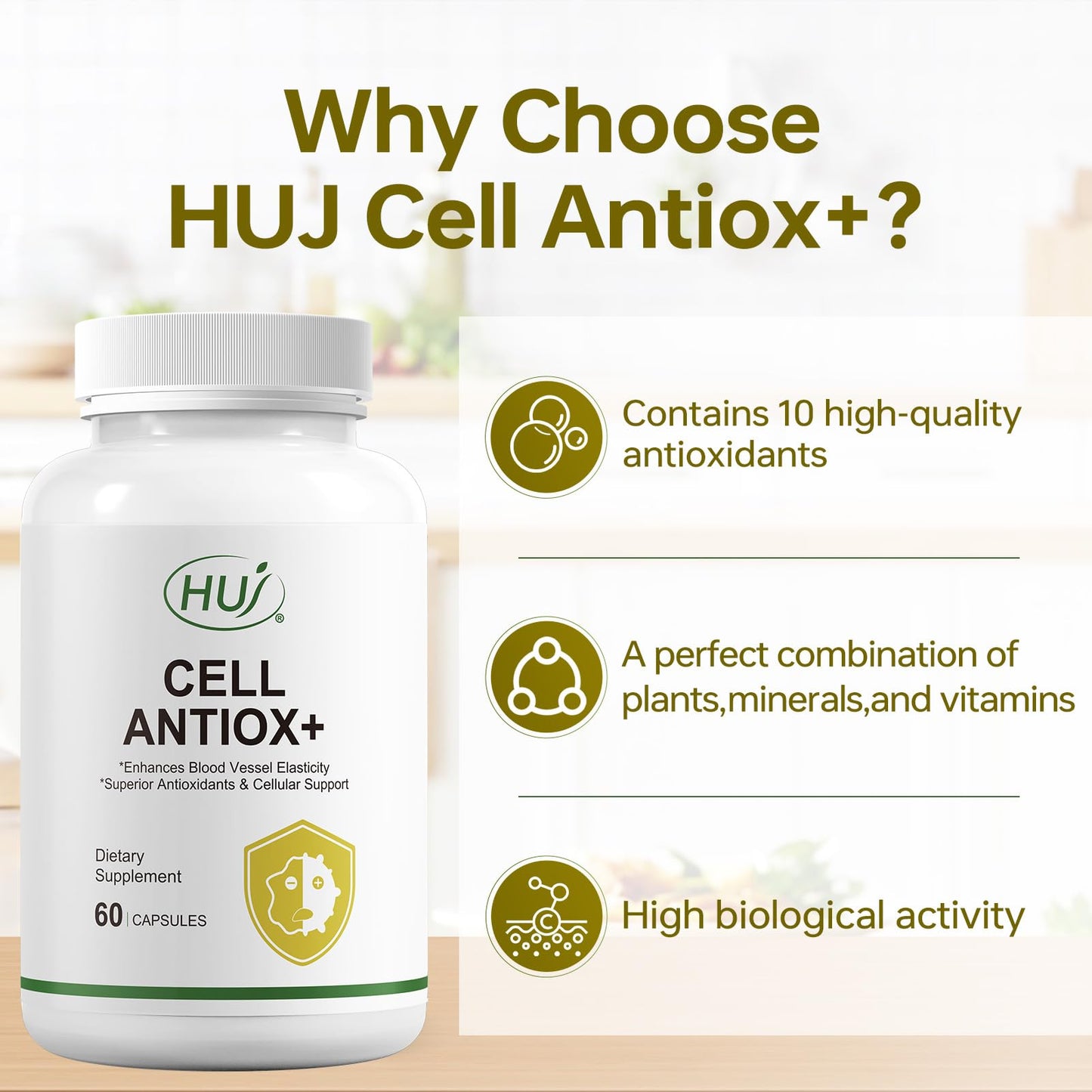 HUJ Cell Antiox+ Supplement - Superior Antioxidants & Cellular Support - Contains Grape Seed Extract, Pomegranate Extract, Resveratrol, and Vitamins C and E - 60 Capsules