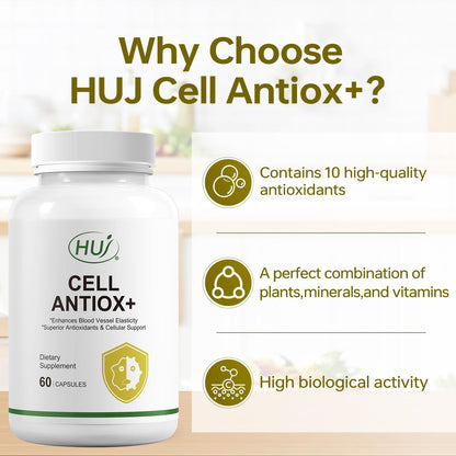 HUJ Cell Antiox+ Supplement - Superior Antioxidants & Cellular Support - Contains Grape Seed Extract, Pomegranate Extract, Resveratrol, and Vitamins C and E - 60 Capsules