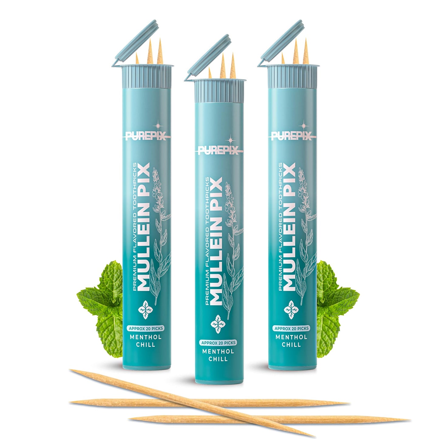 Mullein Pix, Extra Thick Boosting Flavored Toothpicks with Mullein Leaf – Natural Smoking Alternative – Lung Cleanse Support (Menthol Chill 3 Pack)