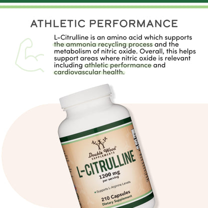 L Citrulline Capsules 1,200mg Per Serving, 210 Count (L-Citrulline Increases Levels of L-Arginine, Acts as a Nitric Oxide Booster) Muscle Recovery Supplement to Improve Muscle Pump by Double Wood