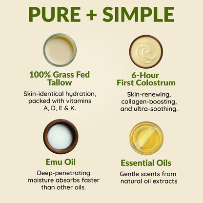 100% Grass Fed Tallow Balm with Colostrum & Emu Oil - Handmade Whipped Beef Tallow for Face and Body, Sensitive Skin Tallow Moisturizer made with True First Colostrum, (Vanilla + Ylang Ylang)