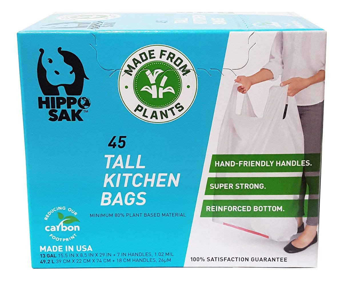 Hippo Sak - Plant Based Tall Kitchen Garbage Bags with Ergonomic Handles - 13 Gallon Trash Bags - Recyclable & Eco Friendly - Super Strong and Leak Proof Tall Kitchen Trash Bags (45 Count)