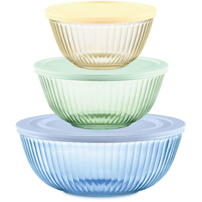 Pyrex Year Of Color Sculpted (3-Pack| 1.3 QT, 2.3 QT, 4.5 QT) Tinted Glass Mixing Bowls Set With Lids For Prepping, Baking and Cooking, Preheated Oven, Dishwasher, Freezer, and Microwave Safe