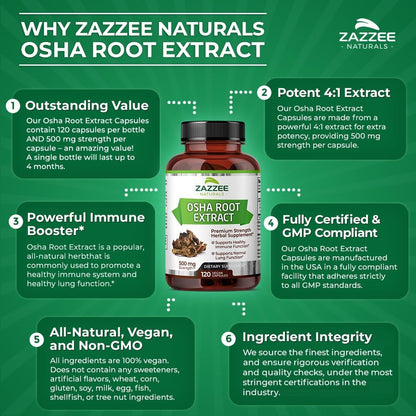 Zazzee OSHA Root 4:1 Extract, 500 mg Strength, 120 Vegan Capsules, 4 Month Supply, Concentrated and Standardized 4X Extract, 100% Vegetarian, Ligusticum porteri, All-Natural and Non-GMO