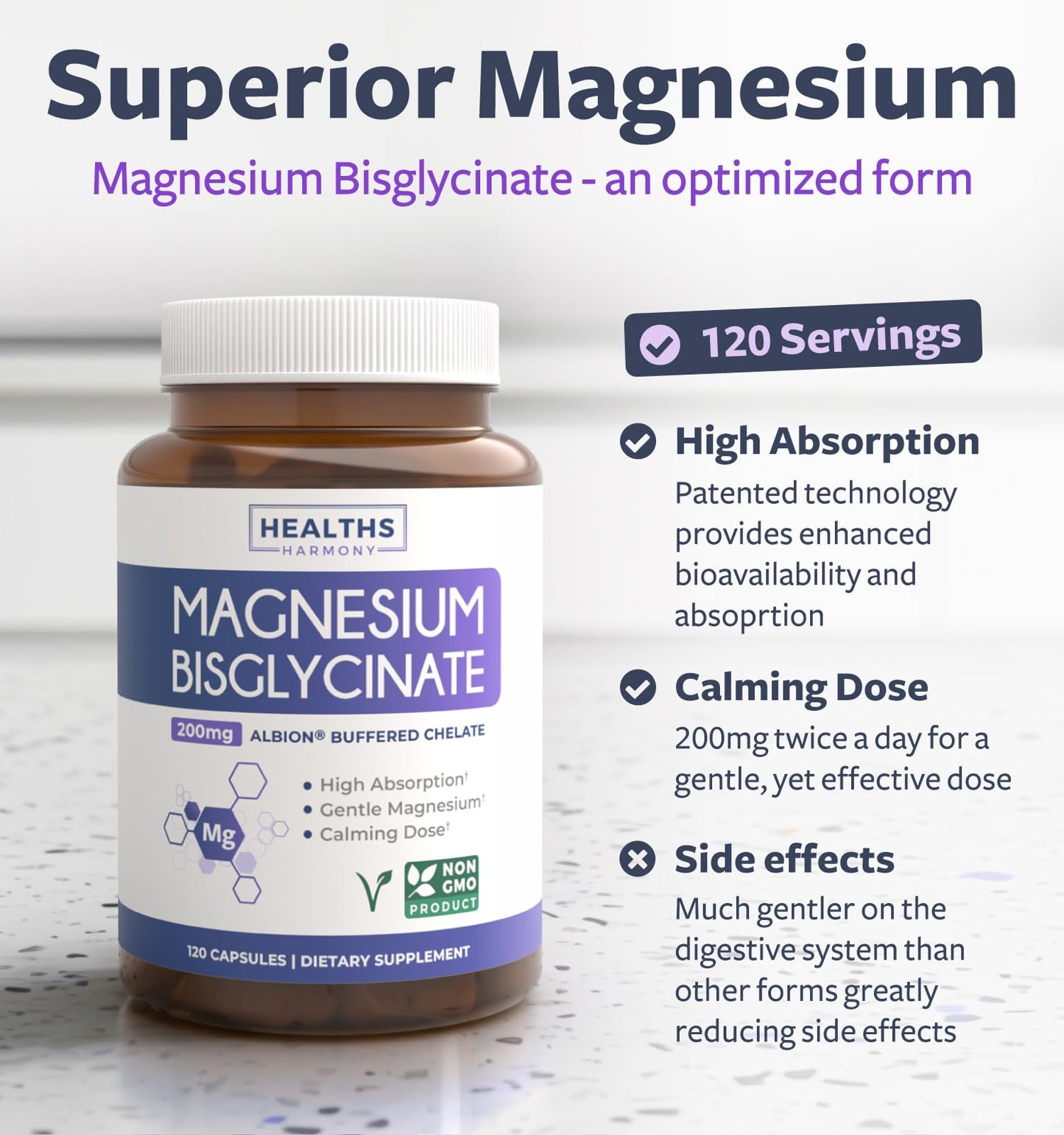 High Absorption Magnesium Bisglycinate Capsules - Clinically Validated Buffered and Chelated Magnesium Supplement - 1 Daily Vegan Capsule with Lab Verified Gentle 200mg Serving (4 Month Supply)