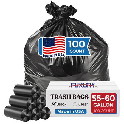 Fuxury 60 Gallon Trash Bags Medium Duty, 100 Count Garbage Bags, 38 x 58" Extra Large Black Trash Bags, 0.9 Mil Plastic Bags for Serious Garbage Cleanup, Made in USA