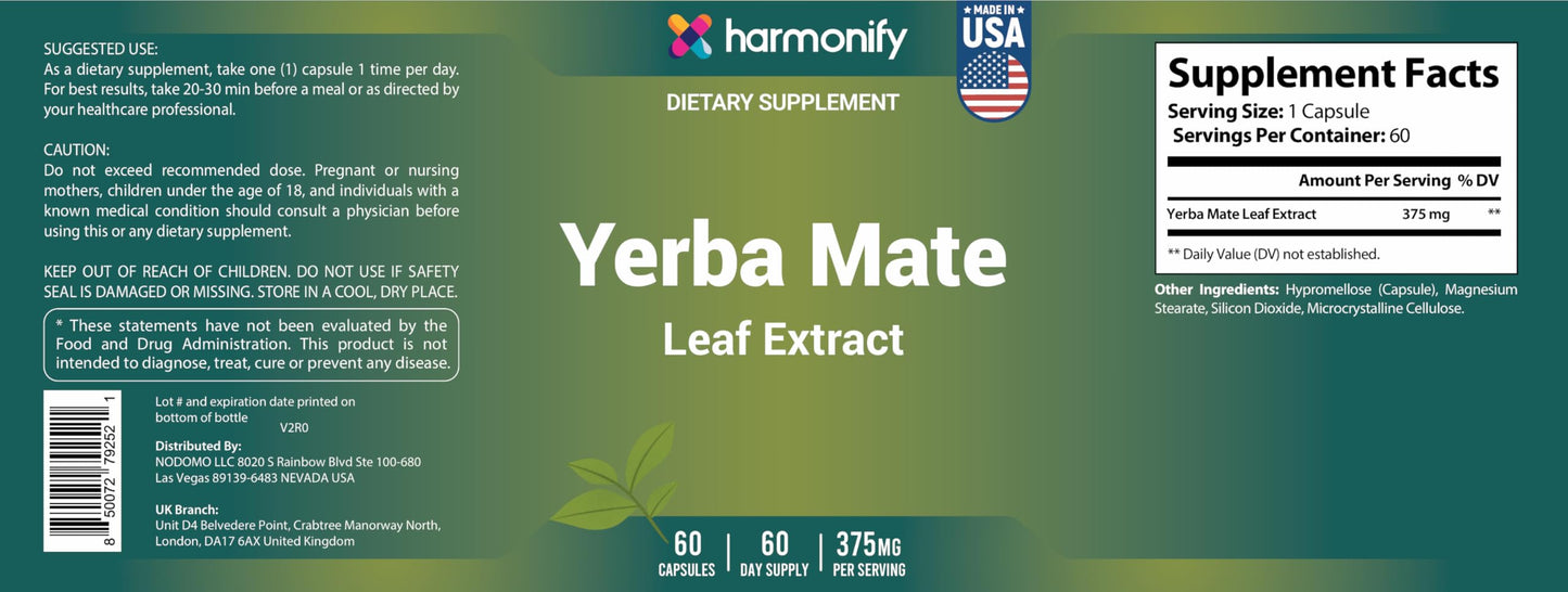 HARMONIFY Yerba Mate Leaf Extract – 375mg, 60 Capsules – Natural Energy Booster, Mental Clarity&Metabolism Support – Caffeine-Rich Herbal Supplement
