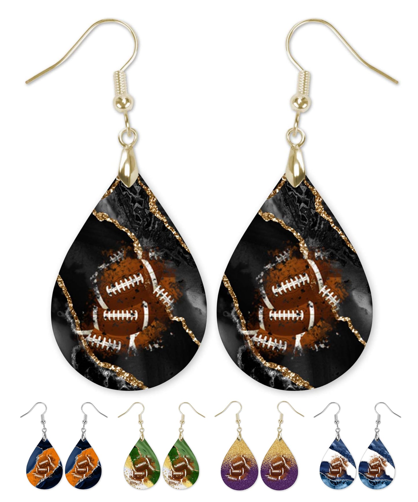 Black Gold Football Dangle Earrings Teardrop Sports School Team Spirit Fan Jewelry Gift for Women Handmade by The Painted Pug (Black and Gold)