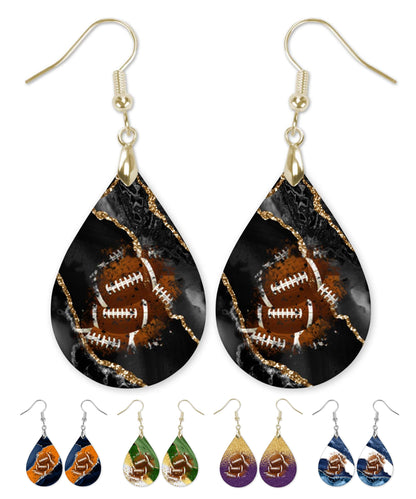 Black Gold Football Dangle Earrings Teardrop Sports School Team Spirit Fan Jewelry Gift for Women Handmade by The Painted Pug (Black and Gold)