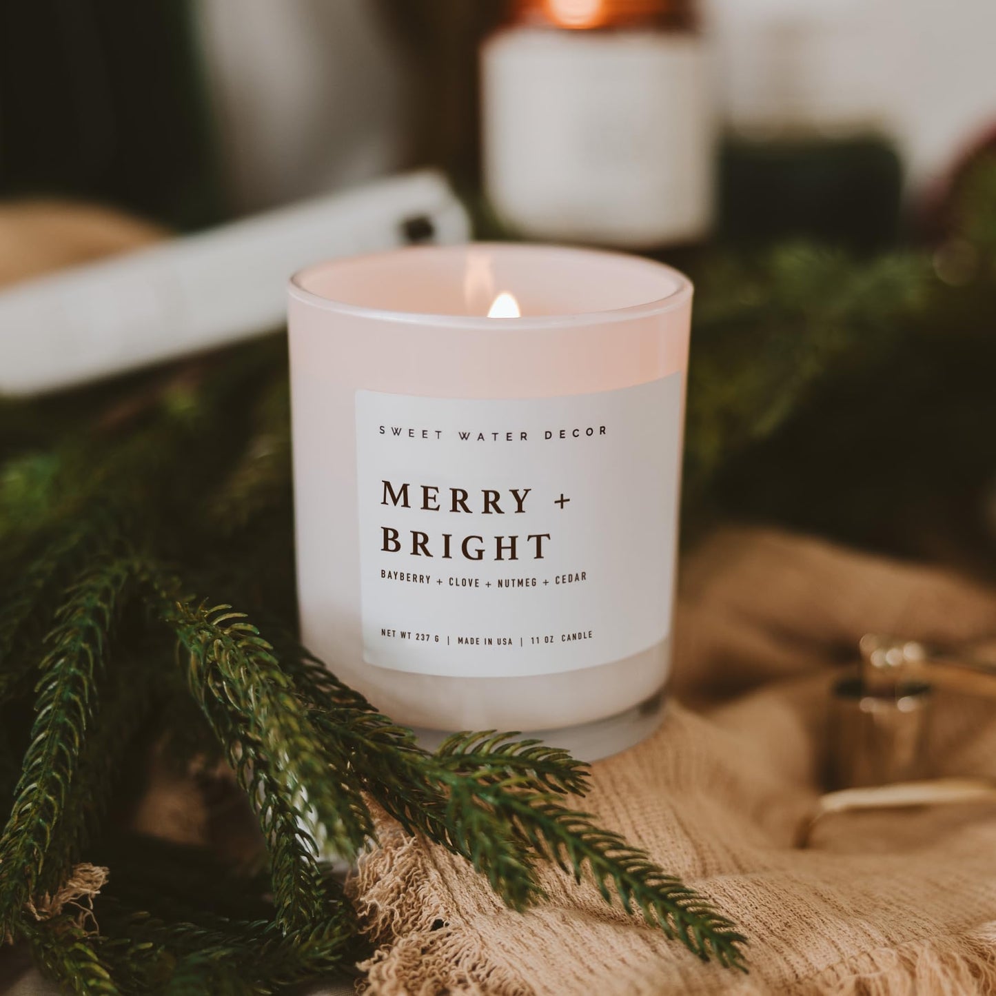 Sweet Water Decor Merry and Bright Soy Christmas Candle - Bayberry, Clove, Nutmeg, and Cedar Scented Holiday Candles for Home - 11oz White Jar + Wood Lid, 50+ Hour Burn Time, Made in The USA