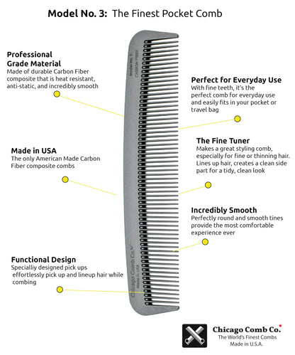Chicago Comb Model 3 Carbon Fiber, Made in USA, Anti-static, 5.5 inches (14 cm) long, Fine-tooth, Pocket, Travel, EDC comb, Finer Hair and Beards