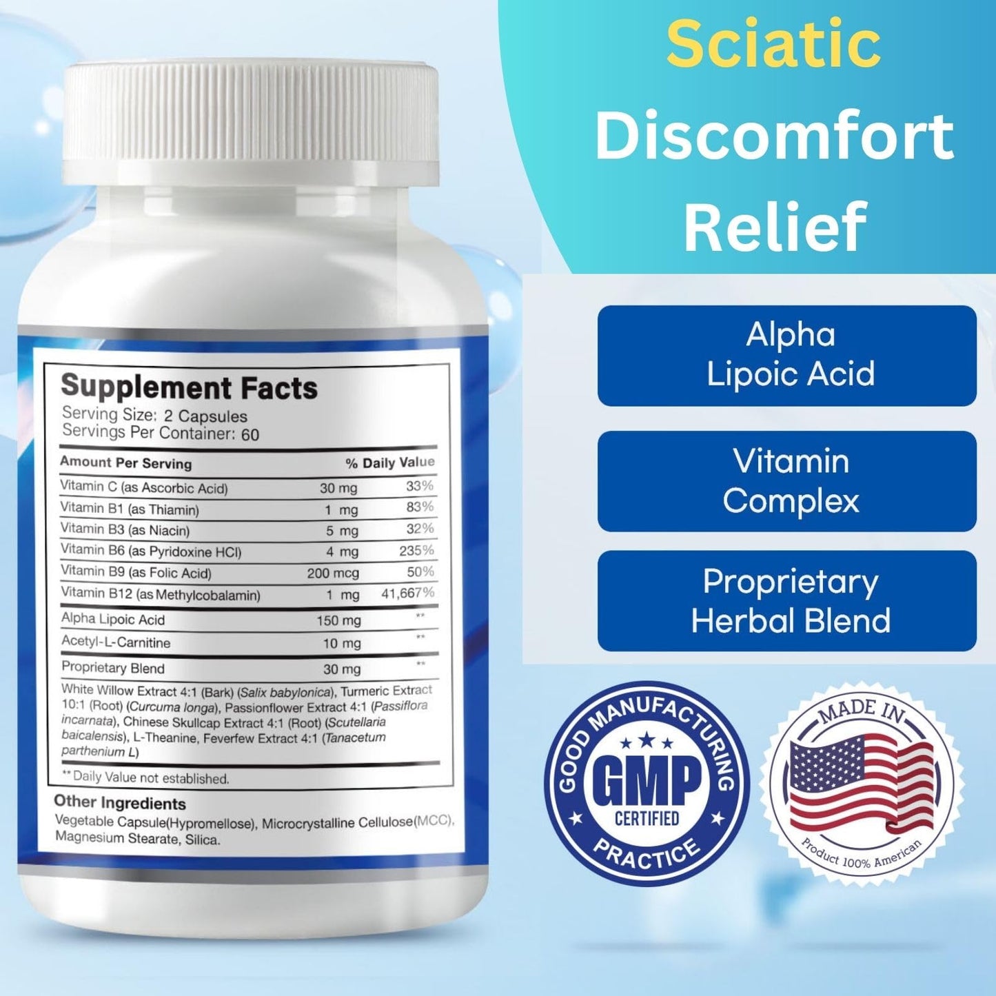 Sciatic Nerve Relief: Advanced Support Supplement for Sciatica – Potent Alpha Lipoic Acid & Turmeric & Herbal Relief Ingredients – Made in USA, 120 Capsules (120 Count (Pack of 1), Unflavored)