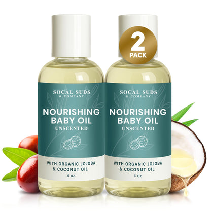 SoCal Suds & Company -Natural & Organic Baby Oil -Newborn Essentials -Gentle Moisturizing Nourishing Oil for Delicate Tender Skin -Vitamin-Enriched with Jojoba and Sunflower Oils - Fragrance Free, 4oz