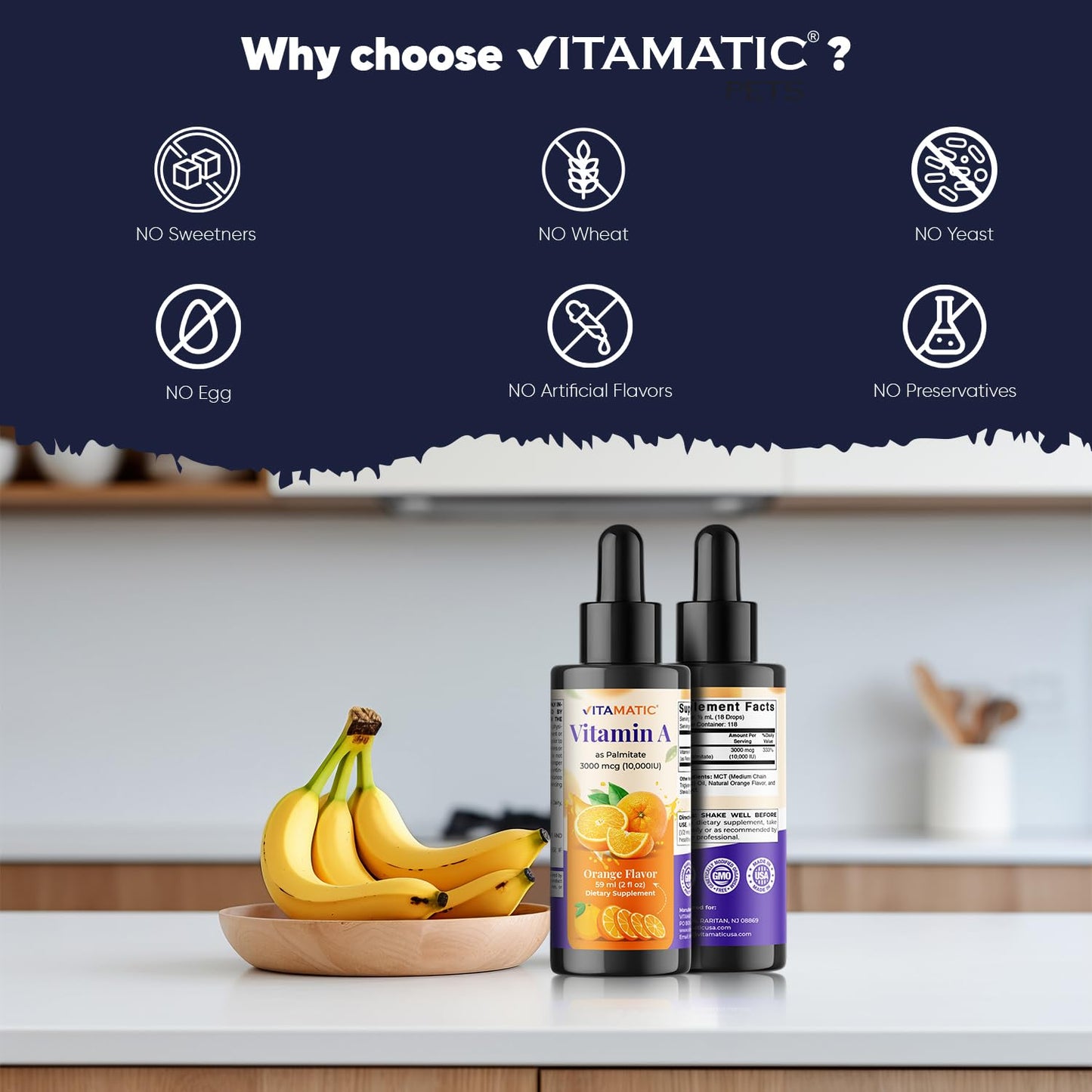 Vitamatic Sugar Free Vitamin A Liquid Drops 10000 IU (3000 mcg) as Retinyl Palmitate - Approximate 4 Months Supply - Immune Support, Eye Health, Skin Health - 2 FL OZ (59 ml)