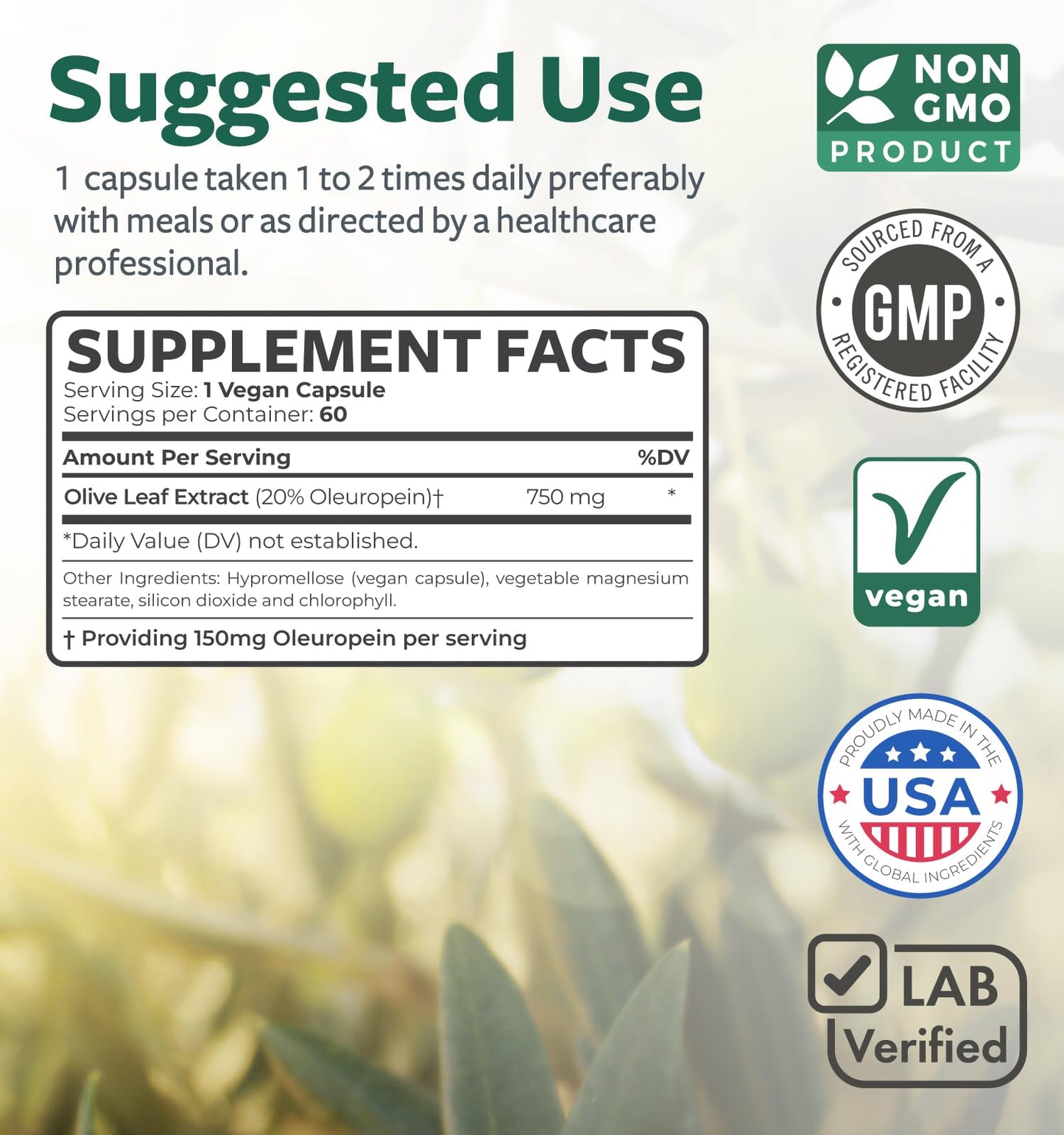 Super Strength Olive Leaf Extract Capsules - Vegan Non-GMO 750mg Olive Extract with 20% Oleuropein Antioxidant Supplement for Immunity Skin and Heart Health Support - Made in The USA (2 Month Supply)